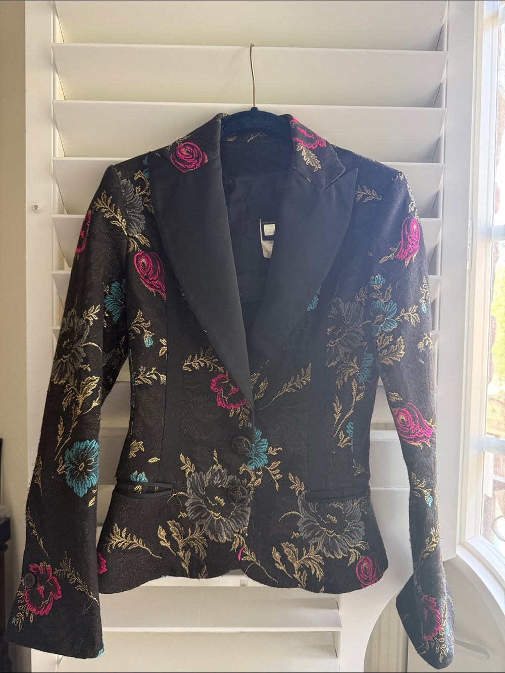 Just Cavalli Black Floral Brocade Blazer with Pink and Teal Embroidery